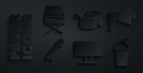 Set Smart Tv, Megaphone, Microphone, Paper glass with straw, Cinema camera and Director movie chair icon. Vector