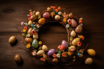Fototapeta na wymiar Brown Easter Wreath with Chocolate Eggs Stock Photos: Generative Graphics and Handmade Decor on Wooden Background, Perfect for Spring Projects