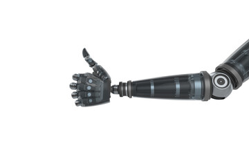 Black robotic hand with gesturing thumbs up