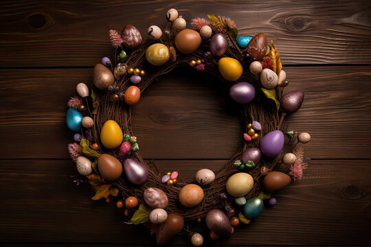 Brown Easter Wreath with Chocolate Eggs Stock Photos: Generative Graphics and Handmade Decor on Wooden Background, Perfect for Spring Projects