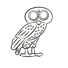 Owl of Athena. Ancient greek coin replica. Wisdom, knowledge, change, transformation, intuitive development. Isolated vector illustration. Line. Ink style.