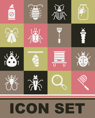 Set Butterfly net, Mite, Larva insect, Chafer beetle, Beetle bug, Clothes moth, Spray against insects and Fly swatter icon. Vector