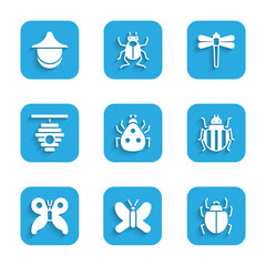 Set Ladybug, Butterfly, Mite, Colorado beetle, Hive for bees, Dragonfly and Beekeeper hat icon. Vector