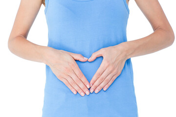 Casual woman touching her belly 