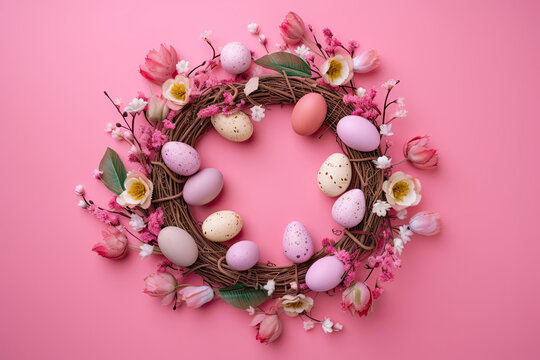 Pink Catholic Easter Wreath Stock Photos: Generative Graphics and Catholic Easter Decor on Soft Pink Background, Perfect for Festive Projects
