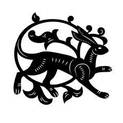 Ethnic rabbit with rounded floral tail. Symbol, sign, icon, silhouette, tattoo. Isolated vector illustration.