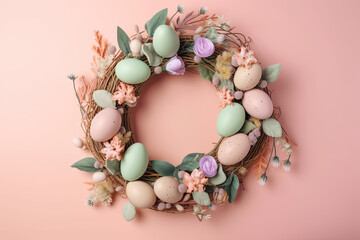 Naklejka na ściany i meble Pink Catholic Easter Wreath Stock Photos: Generative Graphics and Catholic Easter Decor on Soft Pink Background, Perfect for Festive Projects
