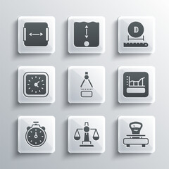 Set Scales of justice, Graph, schedule, chart, diagram, Drawing compass, Stopwatch, Clock, Area measurement and Diameter icon. Vector