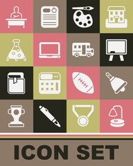 Set Table lamp, Ringing bell, Chalkboard, Paint brush with palette, Laptop, Test tube and flask, Schoolboy sitting at desk and Bus icon. Vector