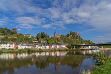 Fototapeta premium City view of the german city Saarburg with river called Saar and old castle ruin