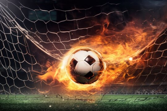A soccer ball on fire in the goal net with flames © Aliaksandr Siamko