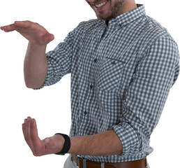 Man pretending to hold an invisible object