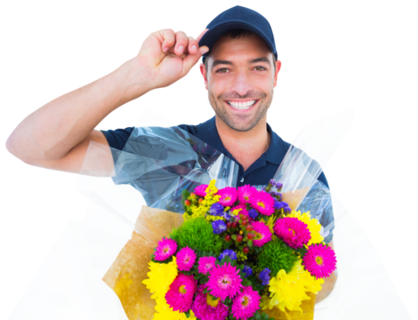 Happy delivery man holding bouquet