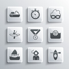 Set Aqualung, Kayak and paddle, Water polo, Medal, Yacht sailboat, Jet ski and Glasses for swimming icon. Vector