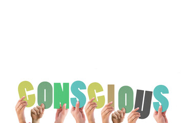 Colorful word conscious held by cropped hands 