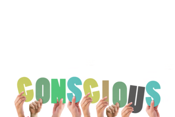 Colorful word conscious held by cropped hands 