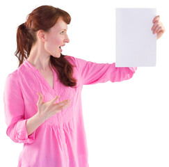 Woman shocked looking at paper