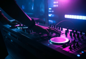 Obraz na płótnie Canvas Dj playing music in nightclub on illuminated spinning deck with led lights.