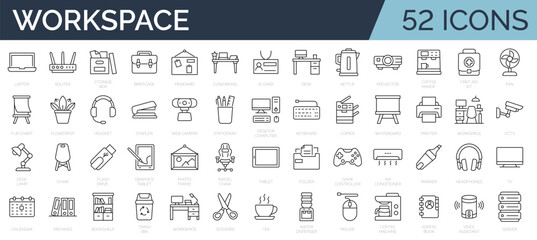 Fototapeta na wymiar Set of 52 line icons related to Workspace and office, coworking. Equipment and furniture. Editable stroke. Outline icon collection. Vector illustration