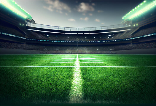 American football field from midline inside large stadium with green grass.