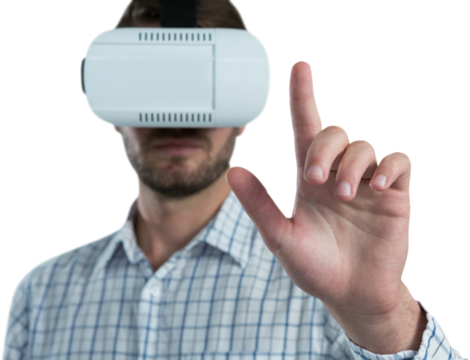 Man gesturing while using virtual reality headset