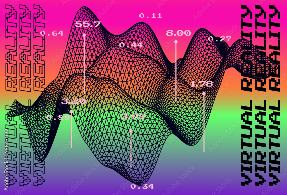 Poster 3D glitched and distorted plane made of mesh. Computer science and virtual reality subject illustration.