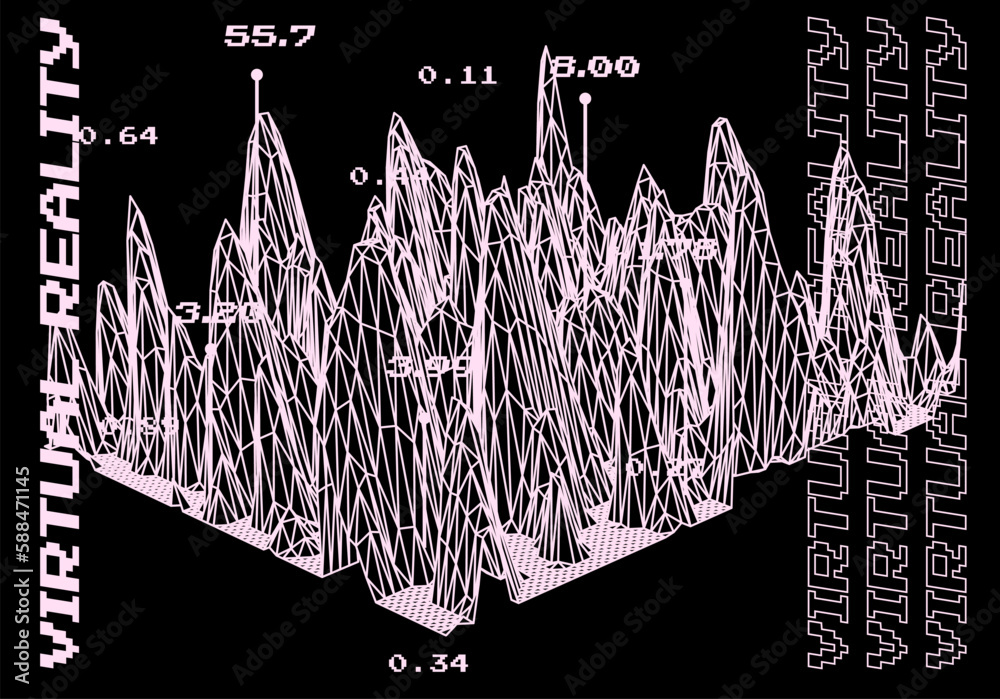 Poster 3D glitched and distorted plane made of mesh. Computer science and virtual reality subject illustration.
