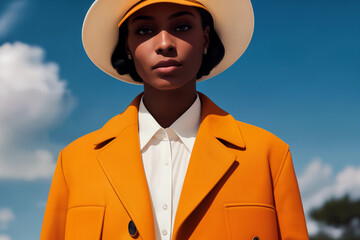 Street fashion portrait of stylish young elegant luxury African woman in beige hat and orange coat or jacket in retro style