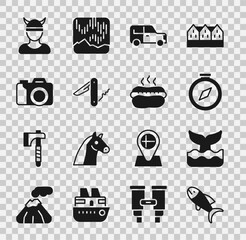 Set Fish, Whale tail, Compass, Car, Swiss army knife, Photo camera, Viking head and Hotdog sandwich icon. Vector