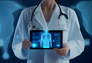 Fototapeta na wymiar Doctor holding X-ray image of patient on tablet, concept of future technology in medicare powered by artificial intelligence.