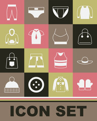 Set Christmas mittens, Elegant women hat, Handbag, Men underpants, Shirt, Hoodie, Pants and Female crop top icon. Vector