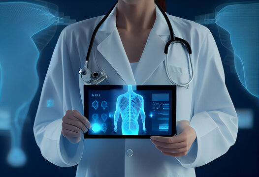 Doctor holding X-ray image of patient on tablet, concept of future technology in medicare powered by artificial intelligence.