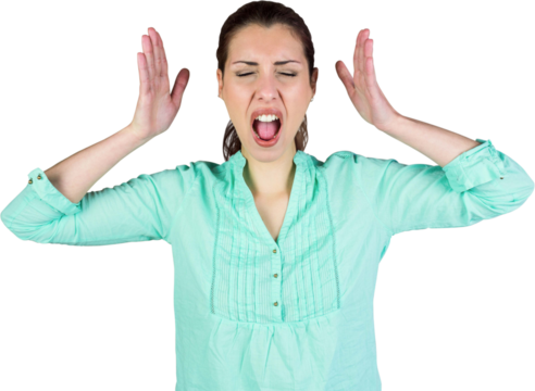 Screaming woman gesturing with eyes closed