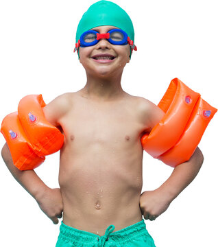 Shirtless boy wearing swimming cap