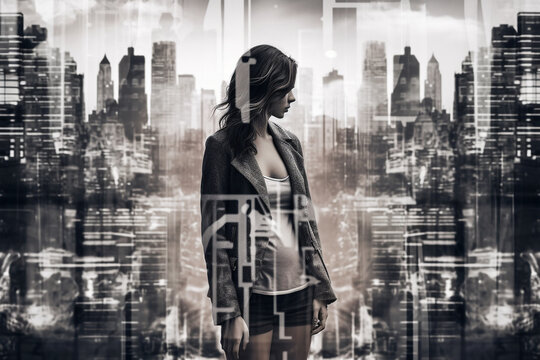 double exposure, woman in a city, portrait of a woman, generative ai