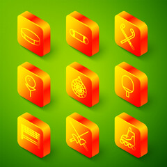 Set line Hockey puck, Skateboard trick, Ice hockey sticks, Golf ball on tee, Classic dart, Racket for playing table tennis, Ribbon finishing line and Fencing icon. Vector