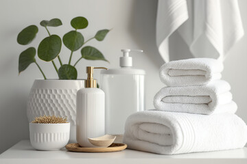 Modern bathroom décor and white spa towels. Generative AI