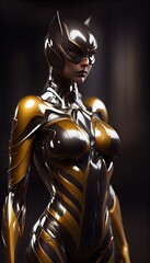 Golden Warrior: A powerful and flamboyant girl in flashy armor and cinematic lighting