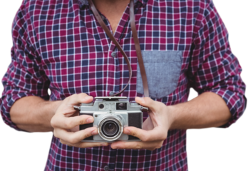Mid section of man using camera