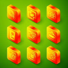 Set line Search house, House plan, Garden fence wooden, Closed door, Online real estate, Hanging sign with Rent, and icon. Vector