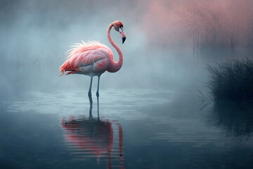 Exquisite beautiful pink flamingo on a misty lake or river. Exotic wildlife nature bird relaxing in a pond. Ai generated