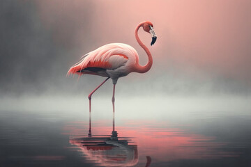 Fototapeta na wymiar Exquisite beautiful pink flamingo on a misty lake or river. Exotic wildlife nature bird relaxing in a pond. Ai generated