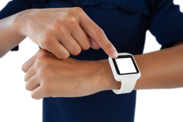 Mid section of businesswoman using smartwatch