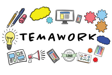 Teamwork text among various icons