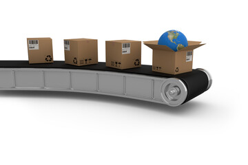Cardboard boxes with globe on 3D production line