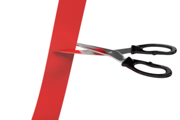Muurstickers Scissors cutting red ribbon © vectorfusionart