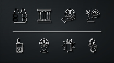 Set line Bulletproof vest, Walkie talkie, Protest, Hand grenade, Location peace, Prison window, Handcuffs and Peace icon. Vector