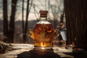 Bottle of maple syrup in the snow. Canadian tradition. At the back we see the sugar shack. Genered par IA