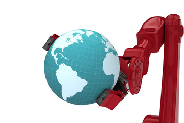 Closeup of red robotic hand holding globe