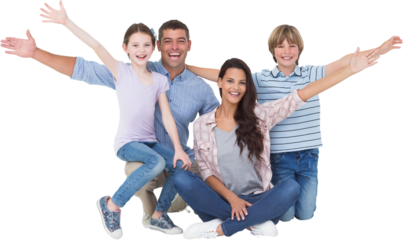 Happy family with arms outstretched over white background
